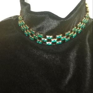 Gold Tone Faux Emerald Collar  Adjustable Necklace